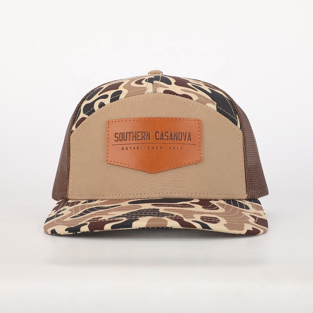 BSCI High Quality Custom 7 Panel Camo Polyester Mens Trucker Cap Leather Patch Logo Outdoor Wholesale Oem Sports Gorras Mesh Hat