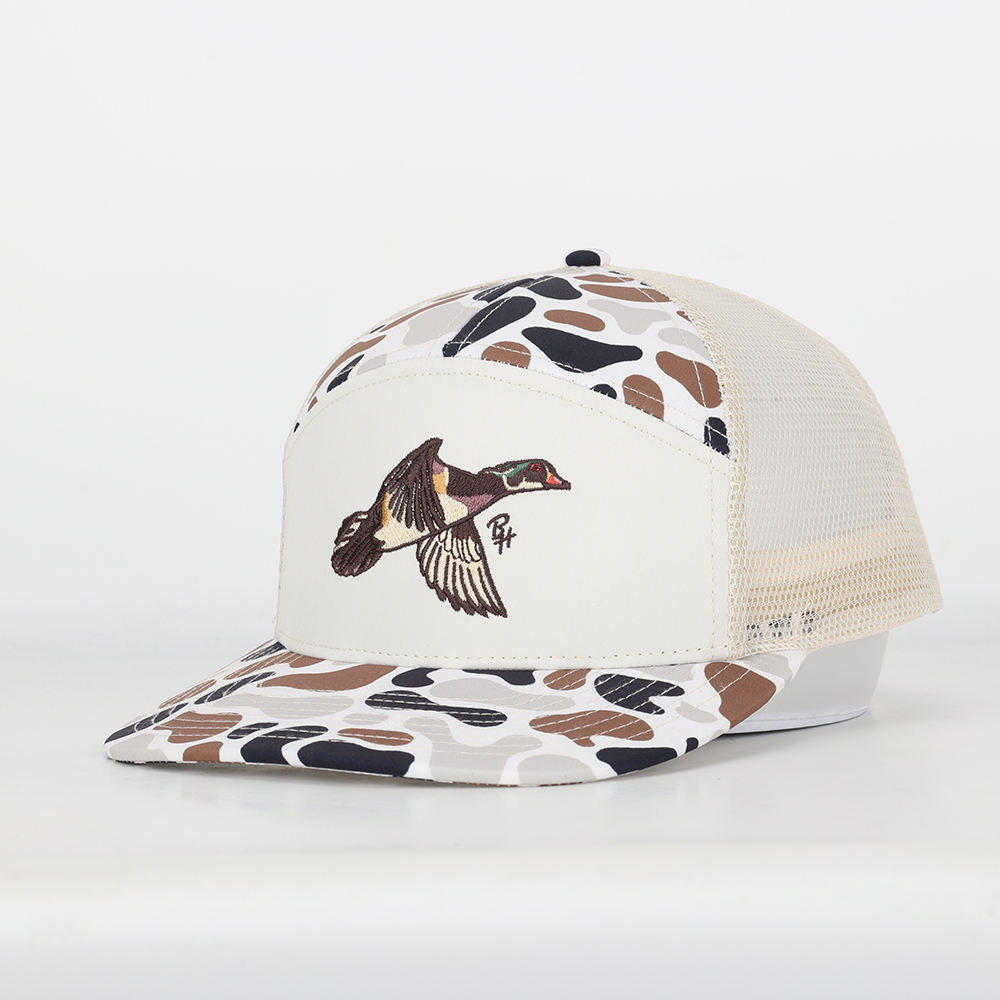 High Quality 7-Panel Camo Baseball Snapback Trucker Mesh Cap 3D Embroidery Custom Logo Popular Mens' Fitted Wholesale Hat