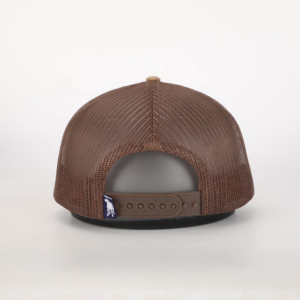 BSCI High Quality Custom 7 Panel Camo Polyester Mens Trucker Cap Leather Patch Logo Outdoor Wholesale Oem Sports Gorras Mesh Hat